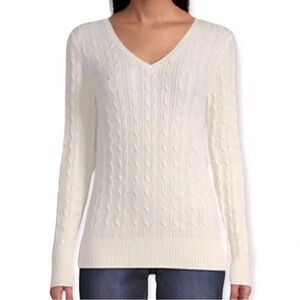 Crow & Barrow Women's White Cotton Classic Cable Knit Sweater V-Neck Size XL